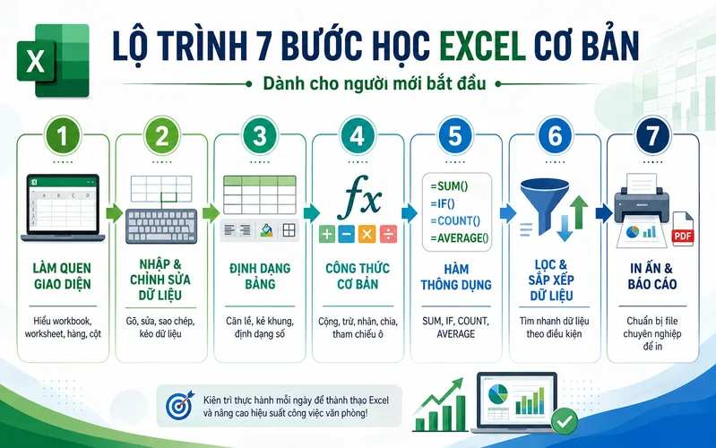 Lộ trình học Excel nên đi từ giao diện, nhập liệu, định dạng bảng, công thức, hàm thông dụng đến lọc dữ liệu và in báo cáo.