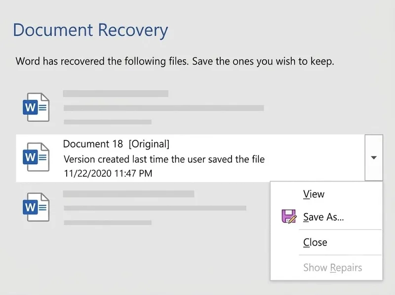 Sử dụng Document Recovery để lấy lại file Word bị tắt đột ngột