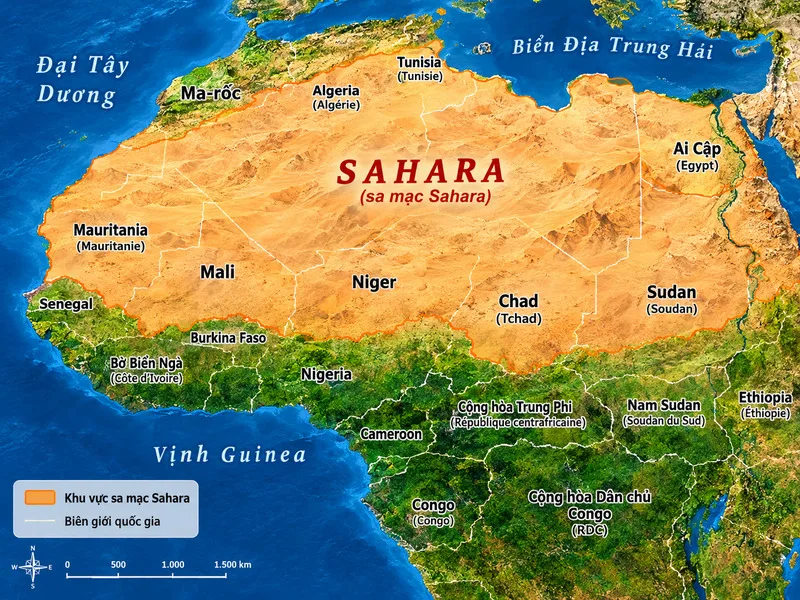 Bản đồ vị trí sa mạc Sahara ở Bắc Phi và các quốc gia đi qua